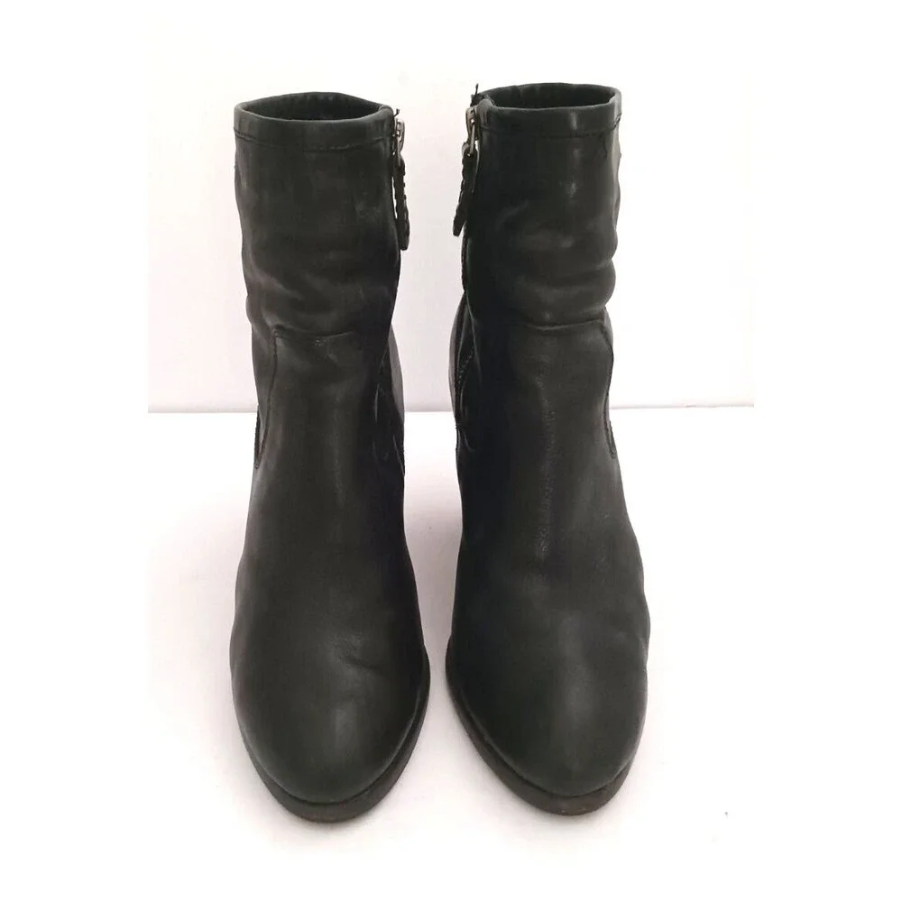 FRYE Patty Artisan Zip Blk Leather Ankle Boot Stacked Wood Block Heel 7.5